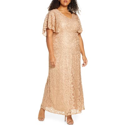 Plus Size Kiyonna Celestial Cape Sleeve Lace Gown, Beige