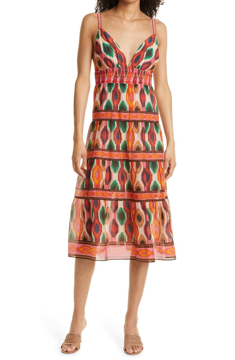ALICE + OLIVIA Santina Cotton & Silk Midi Dress, Main, color, WARM BREEZE MULTI