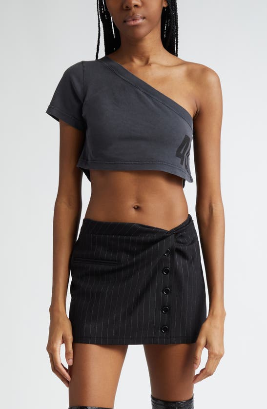 Shop Courrèges Tuba Print Graphic One-shoulder Crop Top In Stonewashed Grey