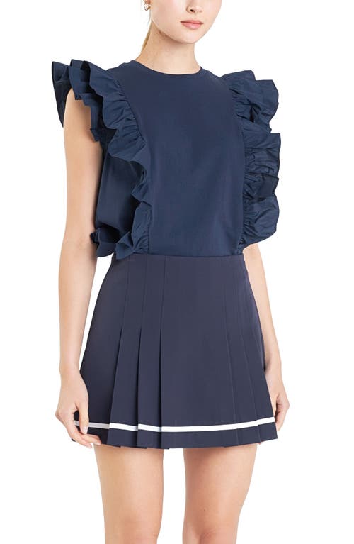 Shop English Factory Poplin Ruffle Trim Knit Top In Navy