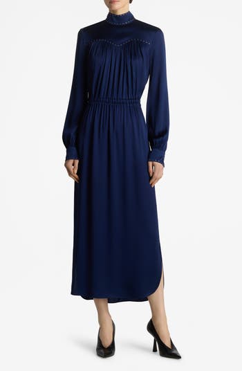 St. John Collection Mock Neck Long Sleeve Satin Midi Dress | Nordstrom