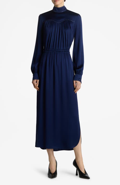 St John St. John Collection Mock Neck Long Sleeve Satin Midi Dress In Blue