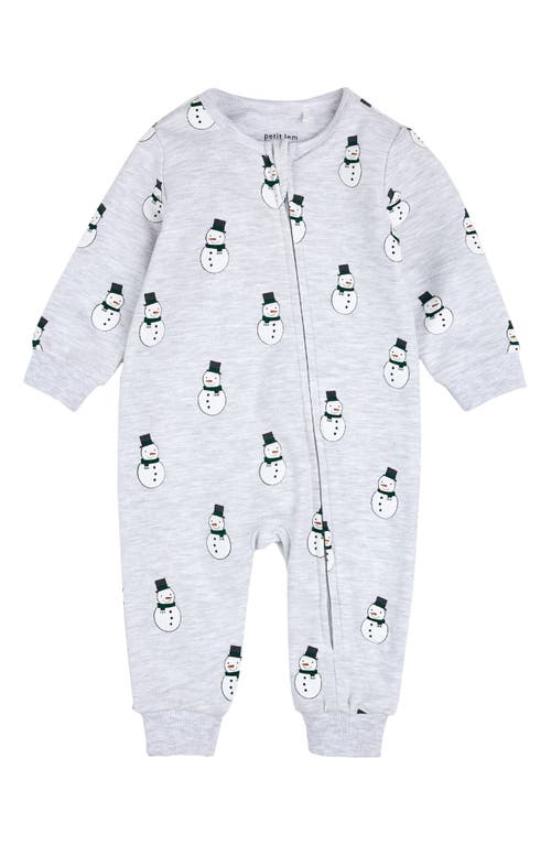 Petit Lem Kids'  Merry Snowman Holiday Print Cotton Romper In Heather Grey