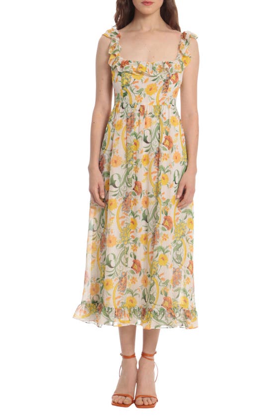 Donna Morgan Folk Floral Print Midi Dress In Soft White/ Coral | ModeSens