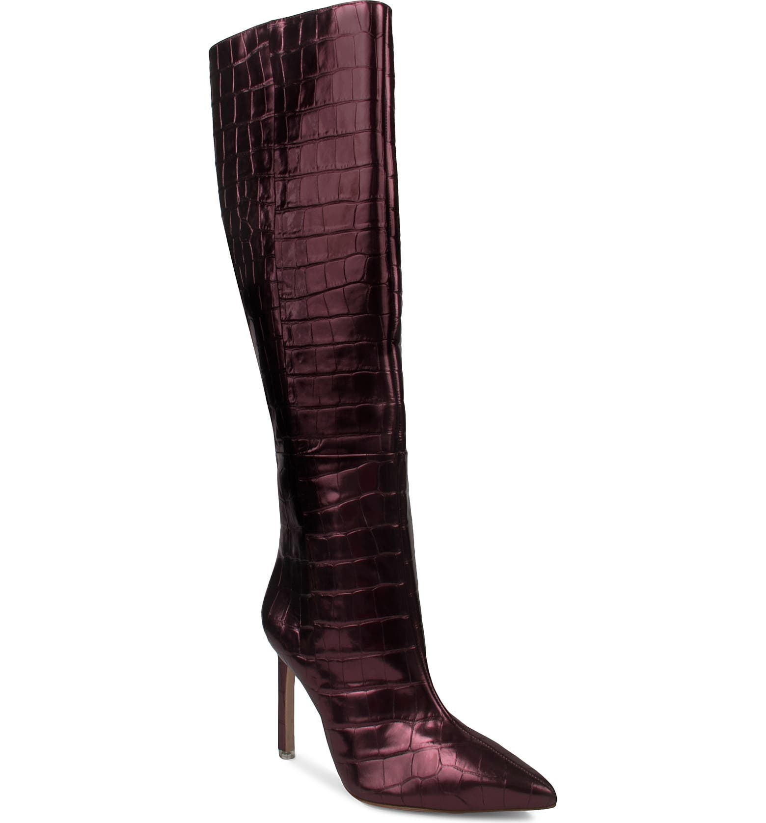 Burgundy croc effect knee high boots