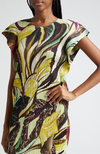 Pleats Please Issey Miyake Tardivo Print Pleated Cap Sleeve Dress