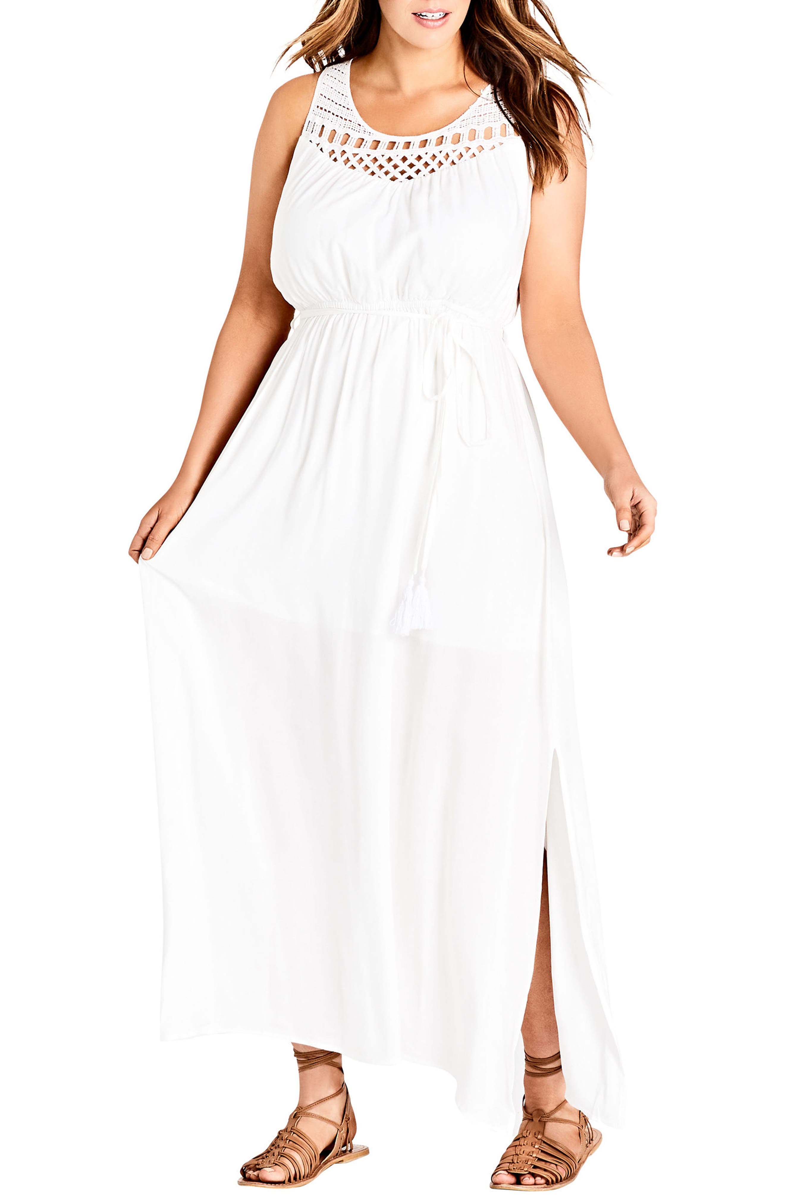 Plus Size City Chic Crochet Tassel Tie Maxi Dress, Ivory