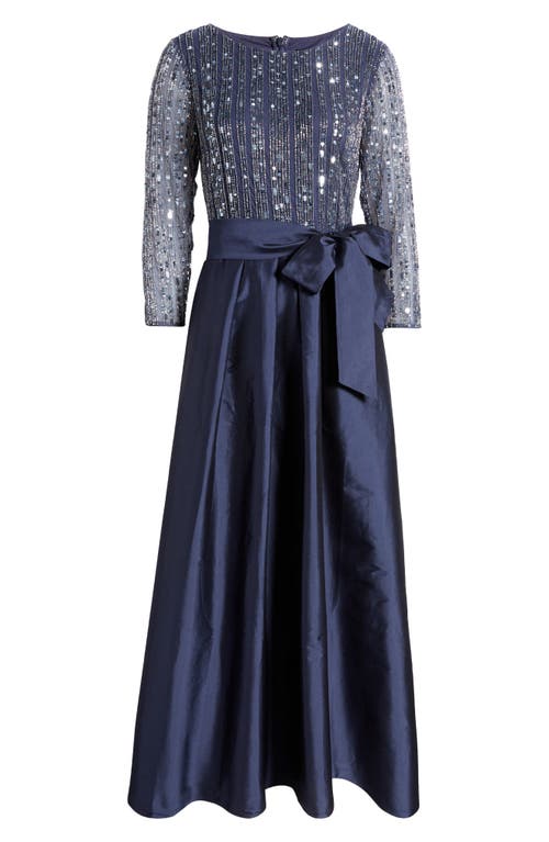 Pisarro Nights Bow Long Sleeve Sequin & Taffeta Gown In Denim