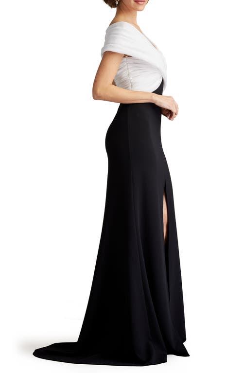 Shop Tadashi Shoji Portrait Neck Taffeta Gown In Ivory/black