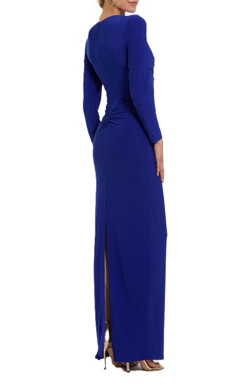 Mac Duggal Long Sleeve Jersey V Neck Twist Knot Gown In Cobalt
