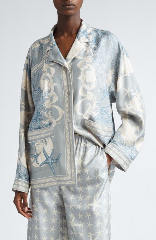 Versace Holiday Print Silk Button-up Shirt In Concrete Dusty Blue Bone
