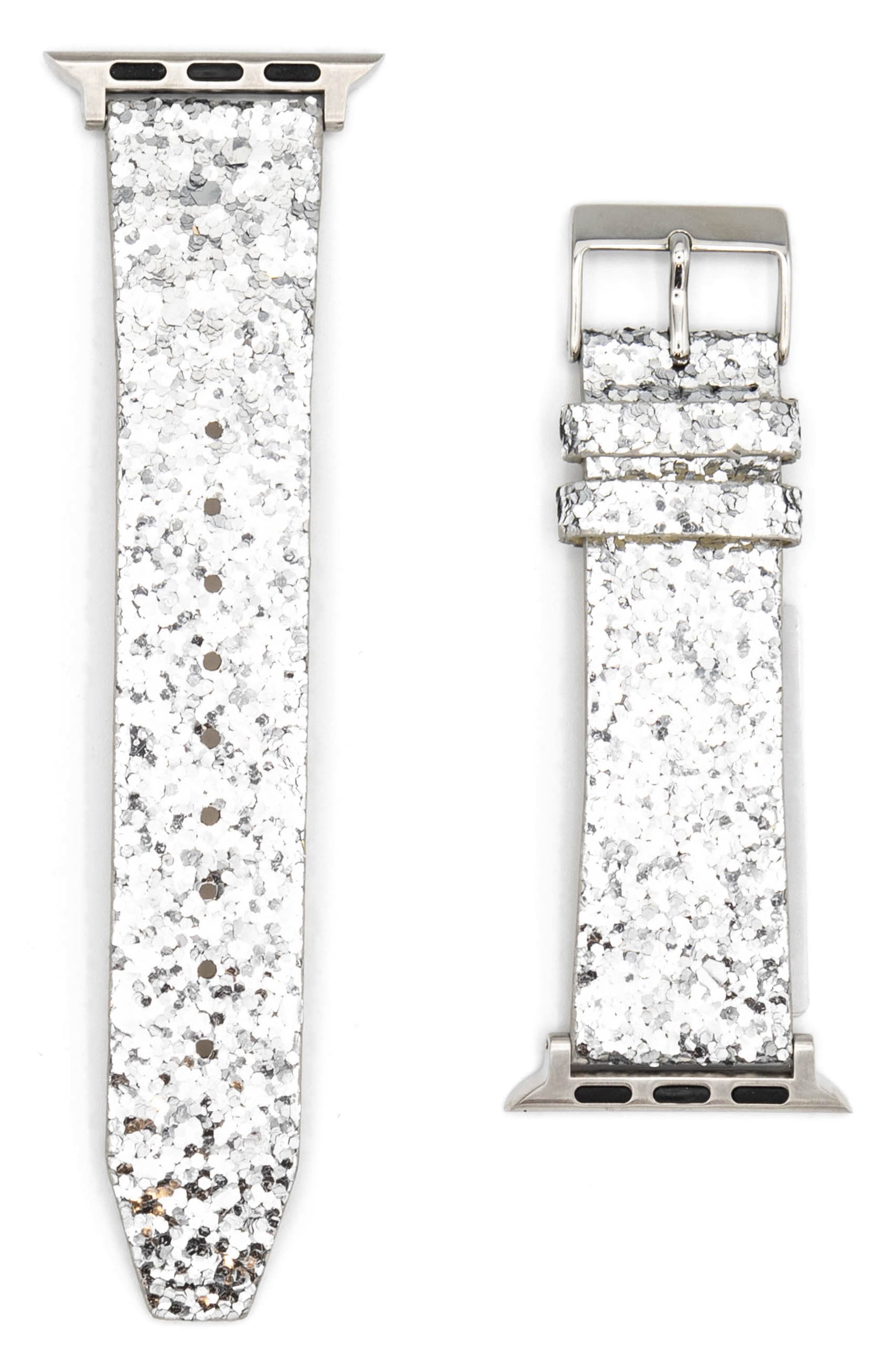 Rebecca Minkoff Glitter Leather Apple Watch(R) Band in Silver at Nordstrom