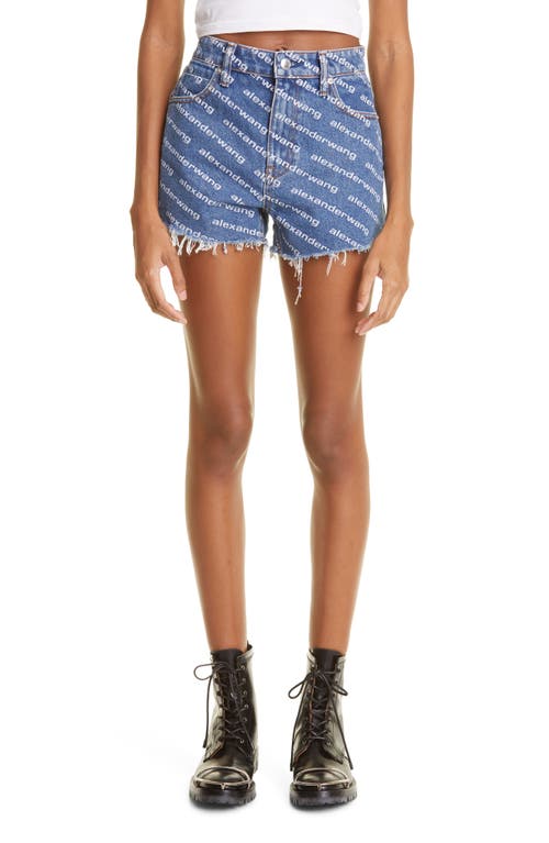 Alexander Wang Denim Shorts With All Over Logo In Deep Blue/white