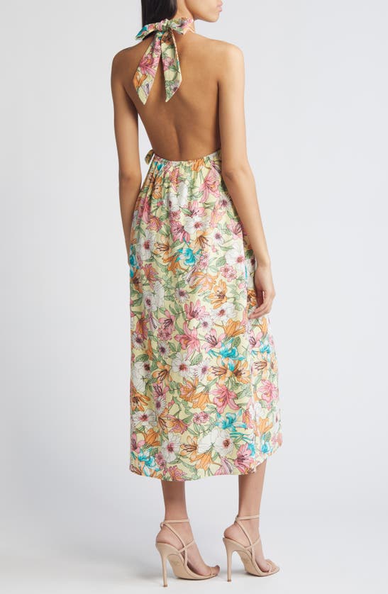 Shop Charles Henry Floral Halter Linen Blend Midi Dress In Yellow Lily