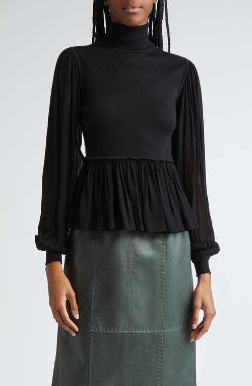 Shop Ulla Johnson Liana Mix Media Balloon Sleeve Peplum Turtleneck In Noir