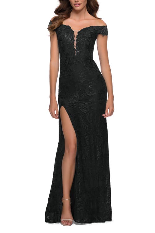 La Femme Lace Off the Shoulder Gown with Deep V Neckline in Black 