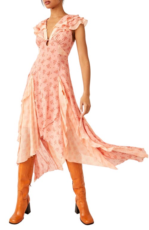 Free People Joaquin Floral Ruffle Plunge Dress Peach Combo at Nordstrom,