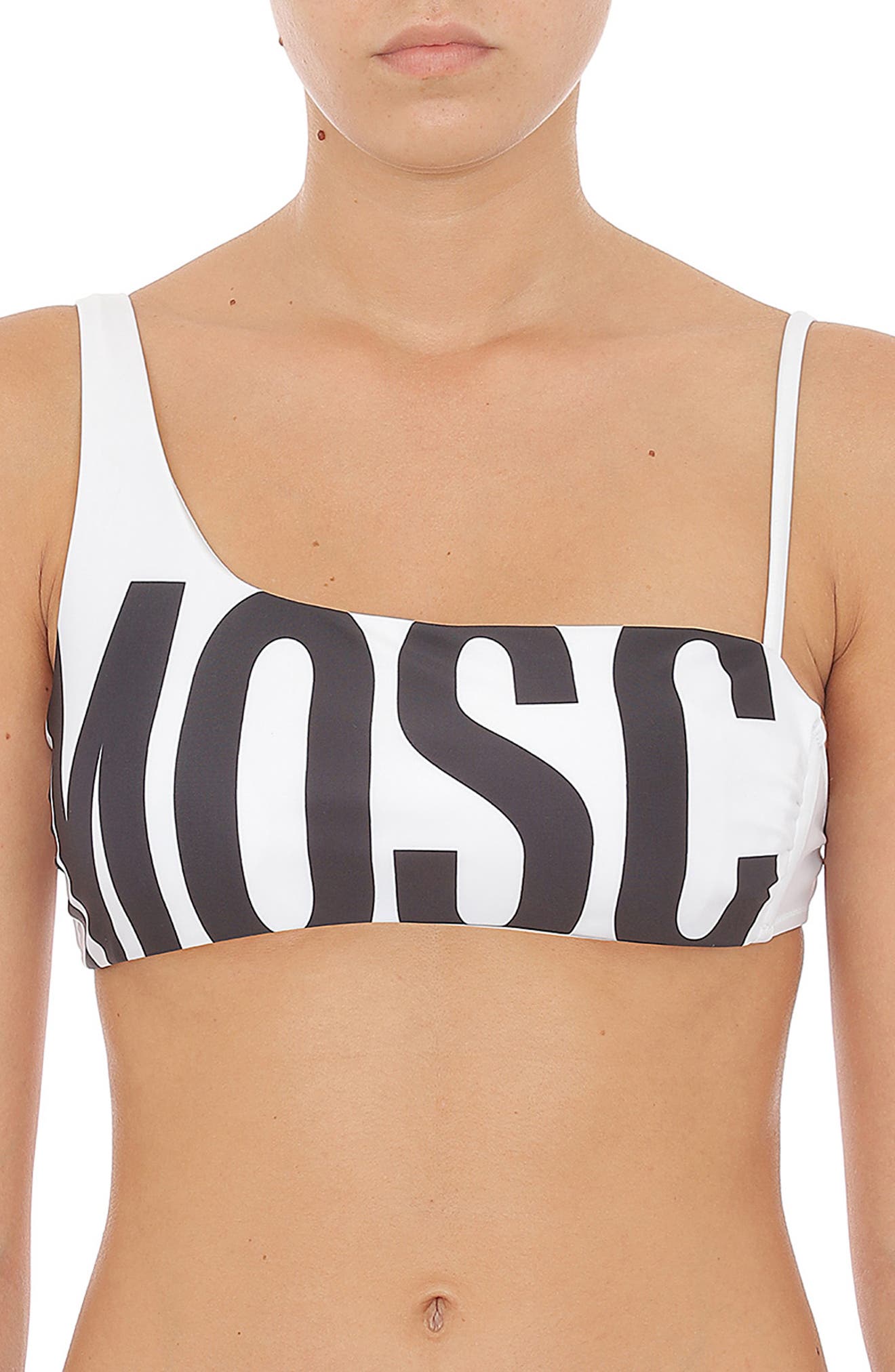 MOSCHINO Logo Print Asymmetric Bikini Top in White Black