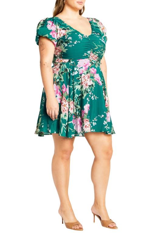 Shop City Chic Marci Pleated Bodice Floral Print Tie Back Dress In Jade Sweet Blossom