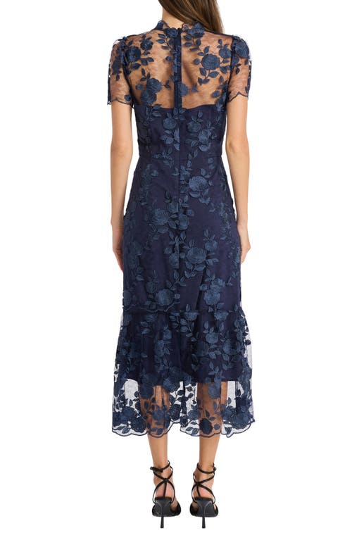 Maggy London Embroidered Floral Overlay Cocktail Dress In Twilight Navy