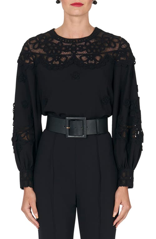 Embroidered Balloon Sleeve Lace Top in Black