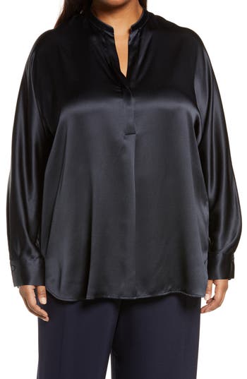 VINCE VINCE BAND COLLAR SILK TUNIC BLOUSE 