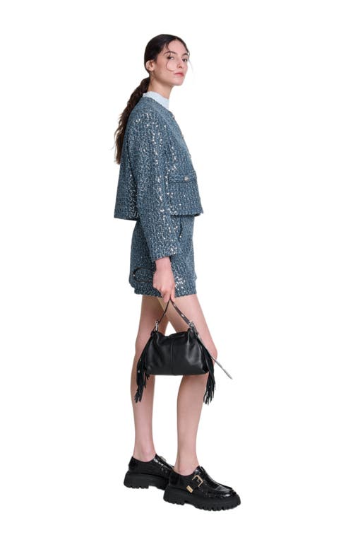 Shop Maje Sequinned Tweed Jacket In Blue Silver