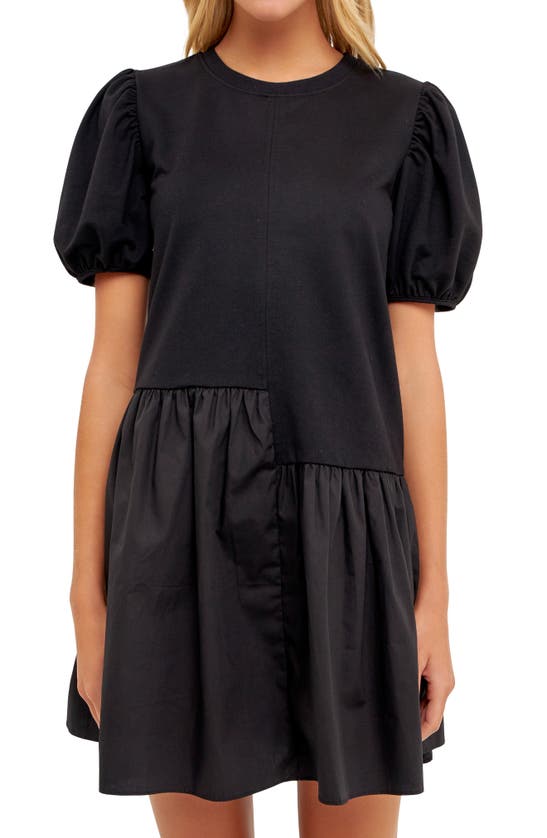 Shop English Factory Puff Shoulder Mixed Media Minidress In Black