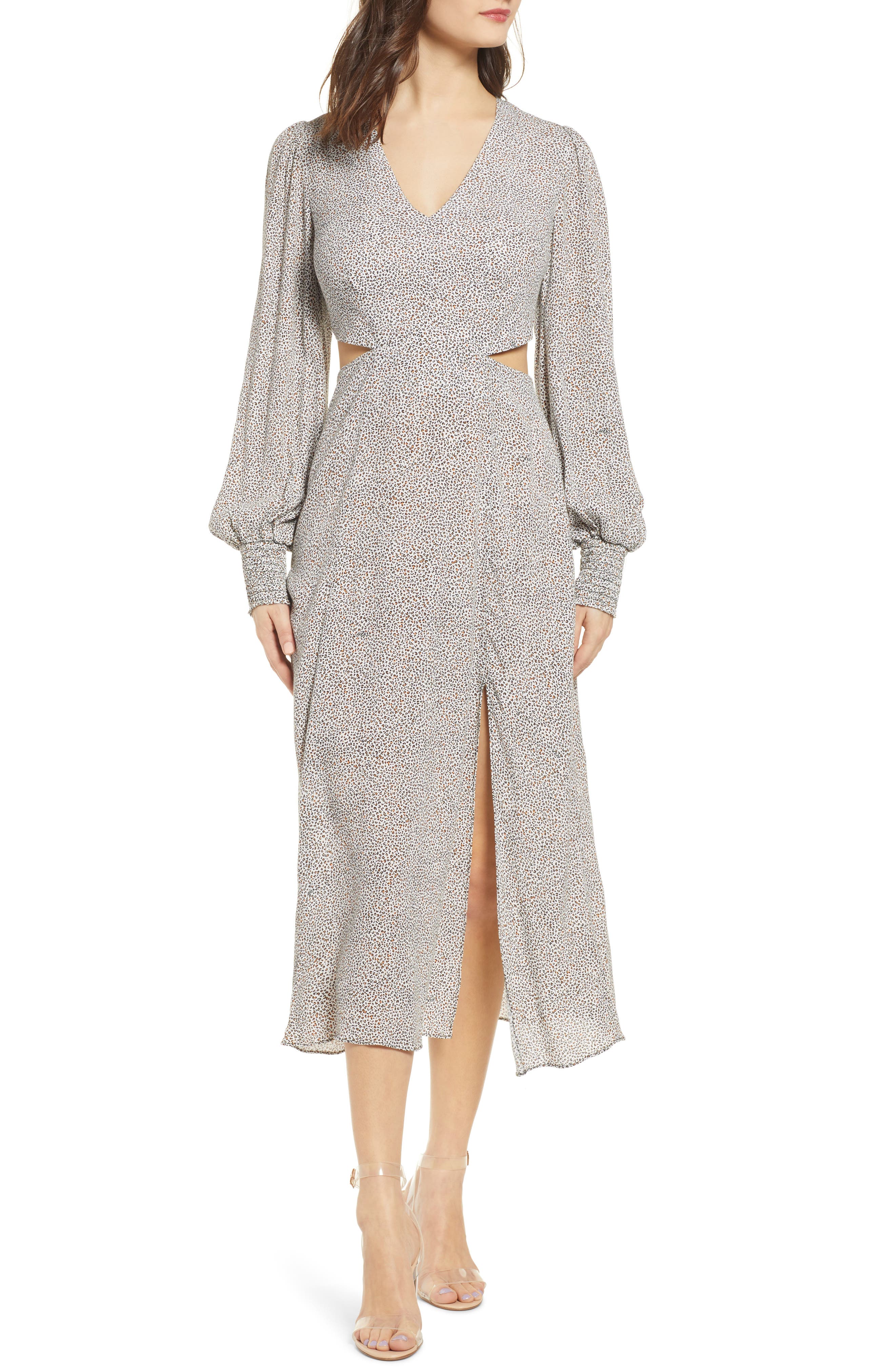 Afrm Print Cutout Waist Long Sleeve Midi Dress, Black