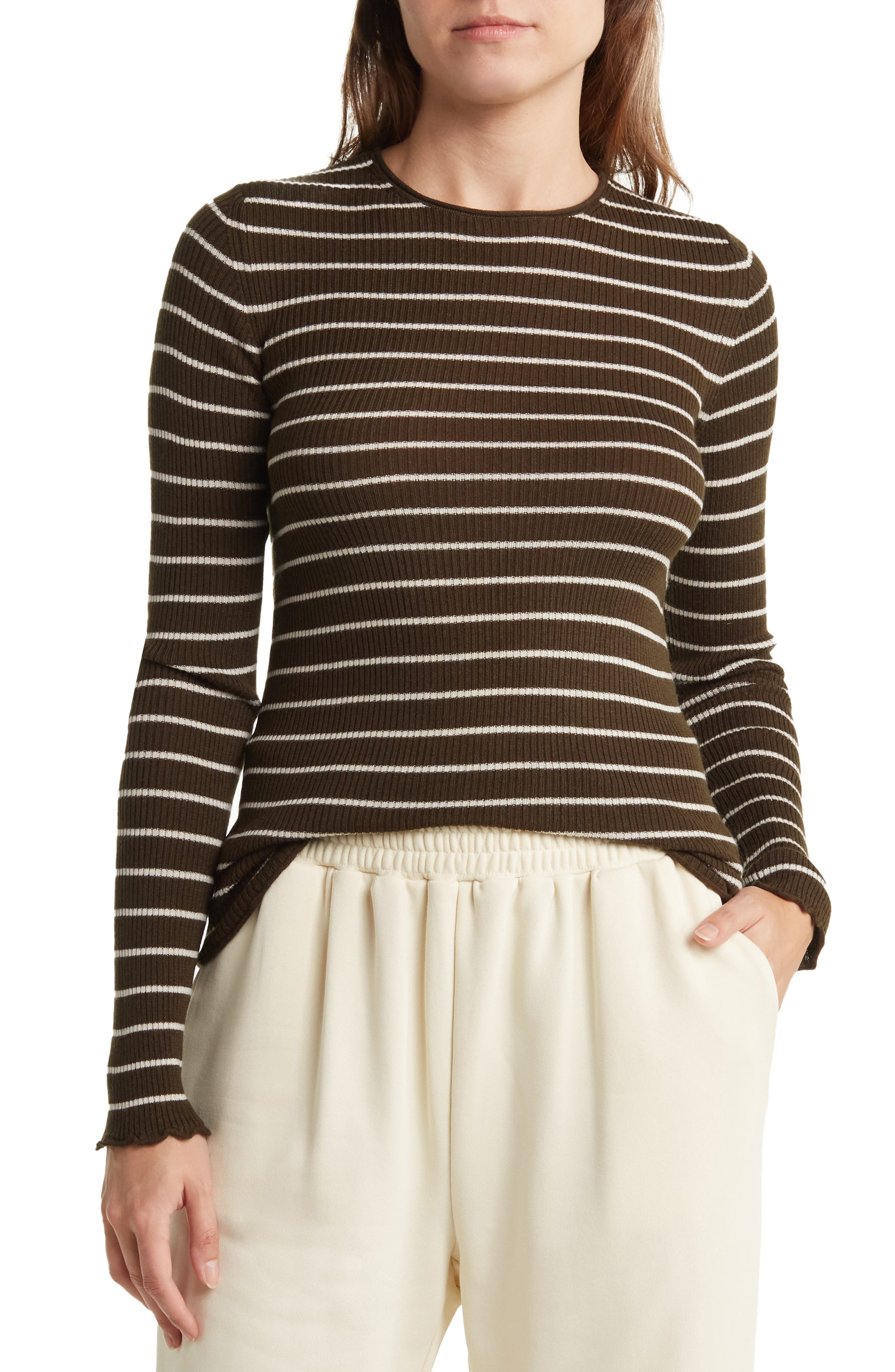 Vince Striped Ribbed Long Sleeve Crewneck Shirt in Pine/Latte at Nordstrom Rack, Size Small
