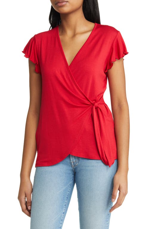 Flutter Sleeve Jersey Wrap Top in Red