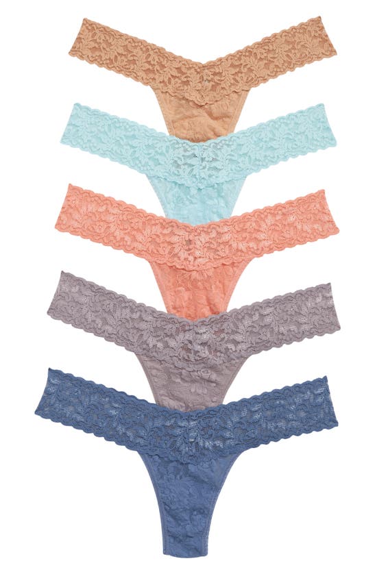 Hanky Panky 5-pack Low Rise Lace Thongs In Snap/ Cele/ Stee/ Hone/ Chab
