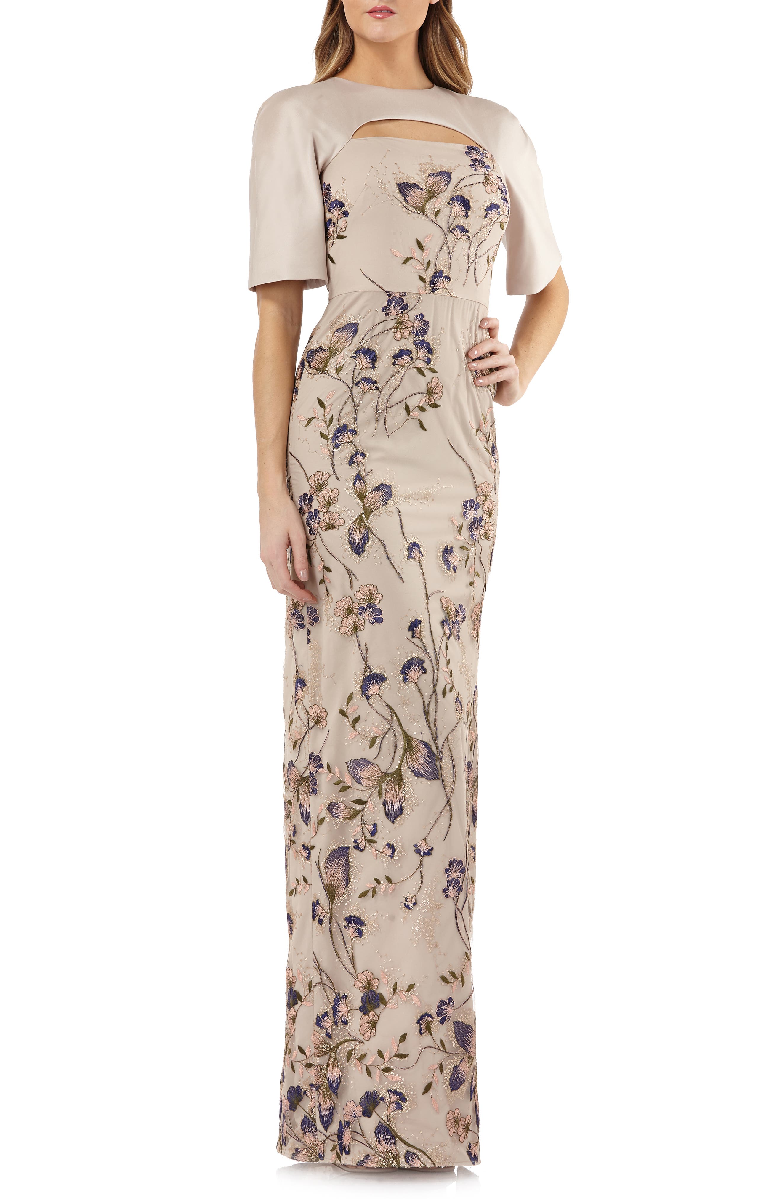 Kay Unger Cutout Detail Embroidered Beaded Gown, Beige