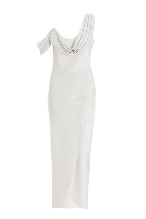 Quiz Stretch Shimmer Cowl Wrap Maxi Dress In Silver