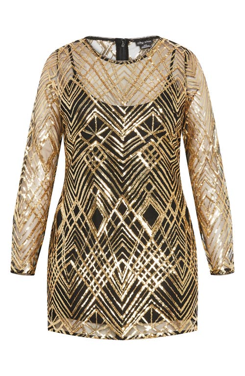 Shop City Chic Braylin Long Sleeve Sequin Minidress In Gold Geo