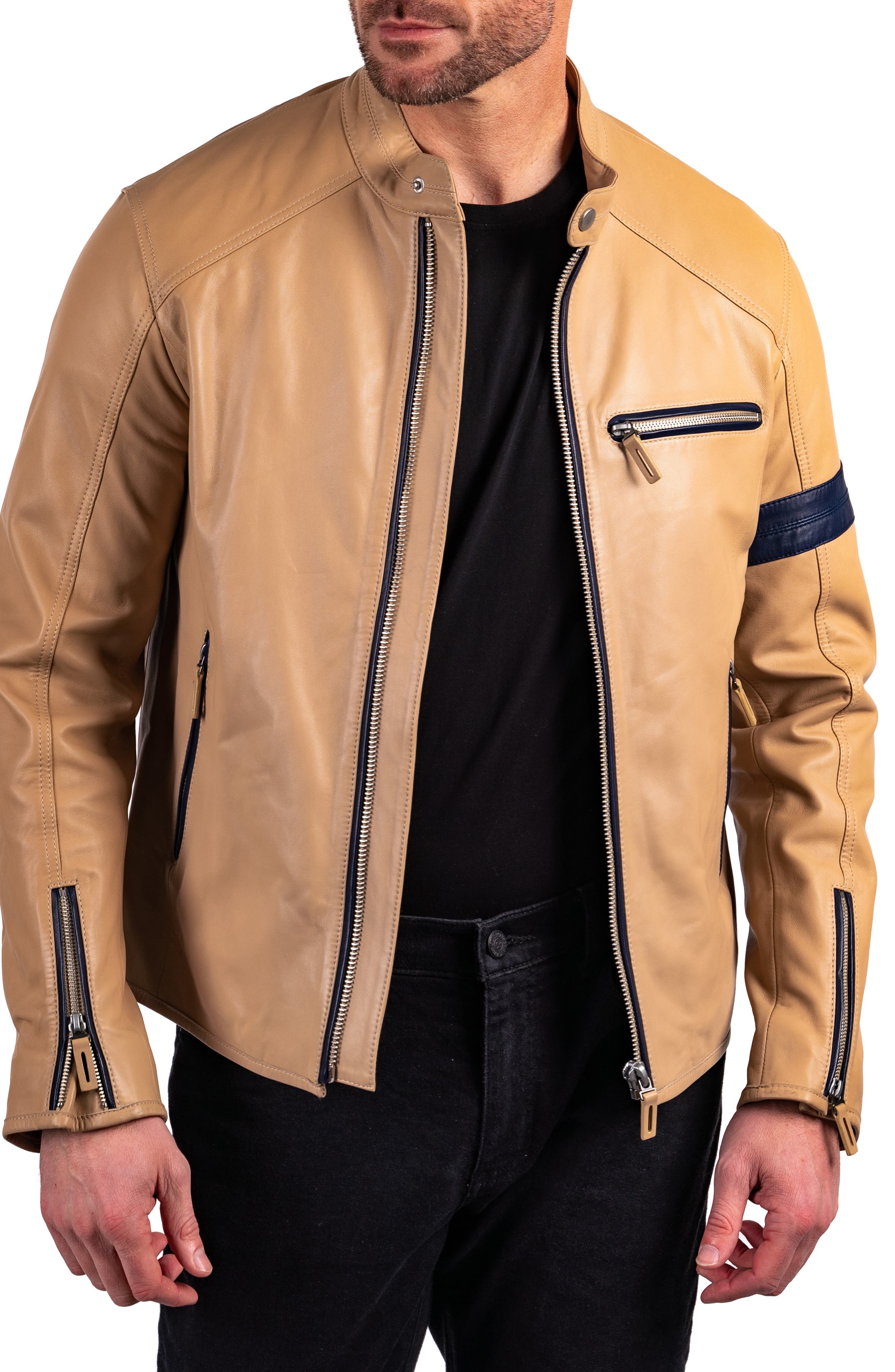 Robert Comstock Racer Lambskin Leather Jacket in Bone