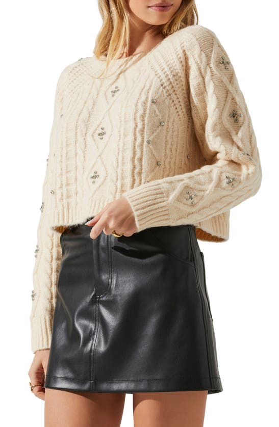 Astr Madison Rhinestone Cable Stitch Crop Sweater In Cream