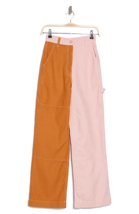 Colorblock High Waist Straight Leg Jeans (Light Pink)