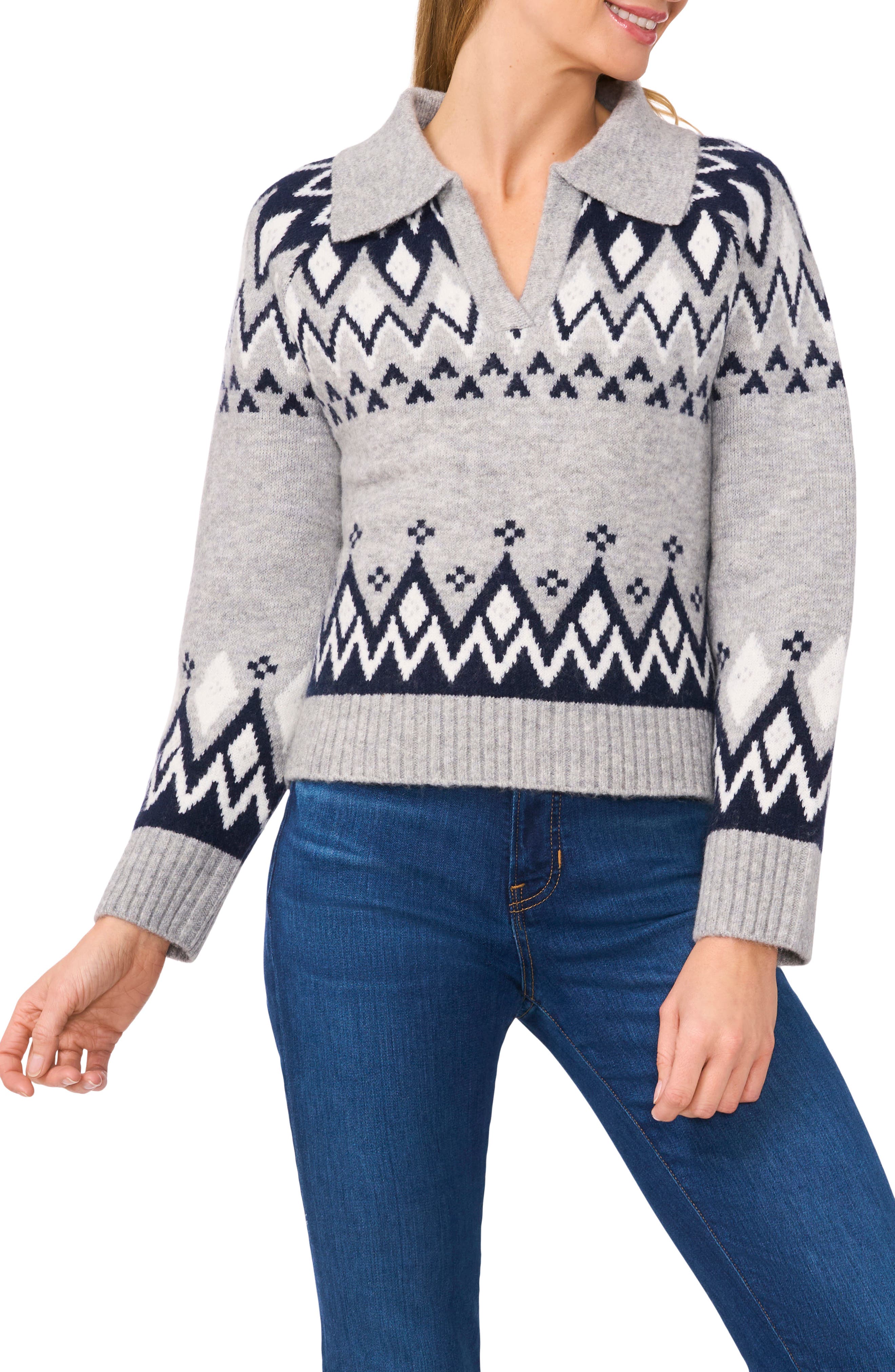 CeCe Fair Isle Boxy Collar Sweater in Light Heather Grey 