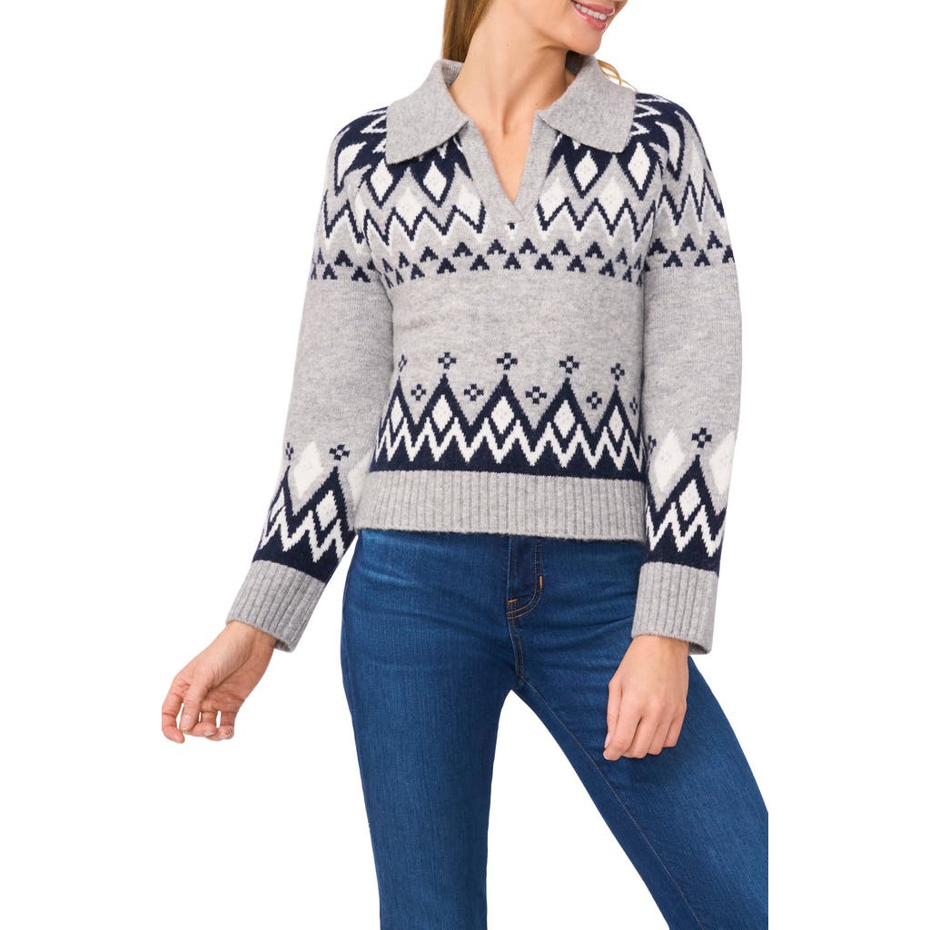 CeCe Fair Isle Boxy Collar Sweater in Light Heather Grey