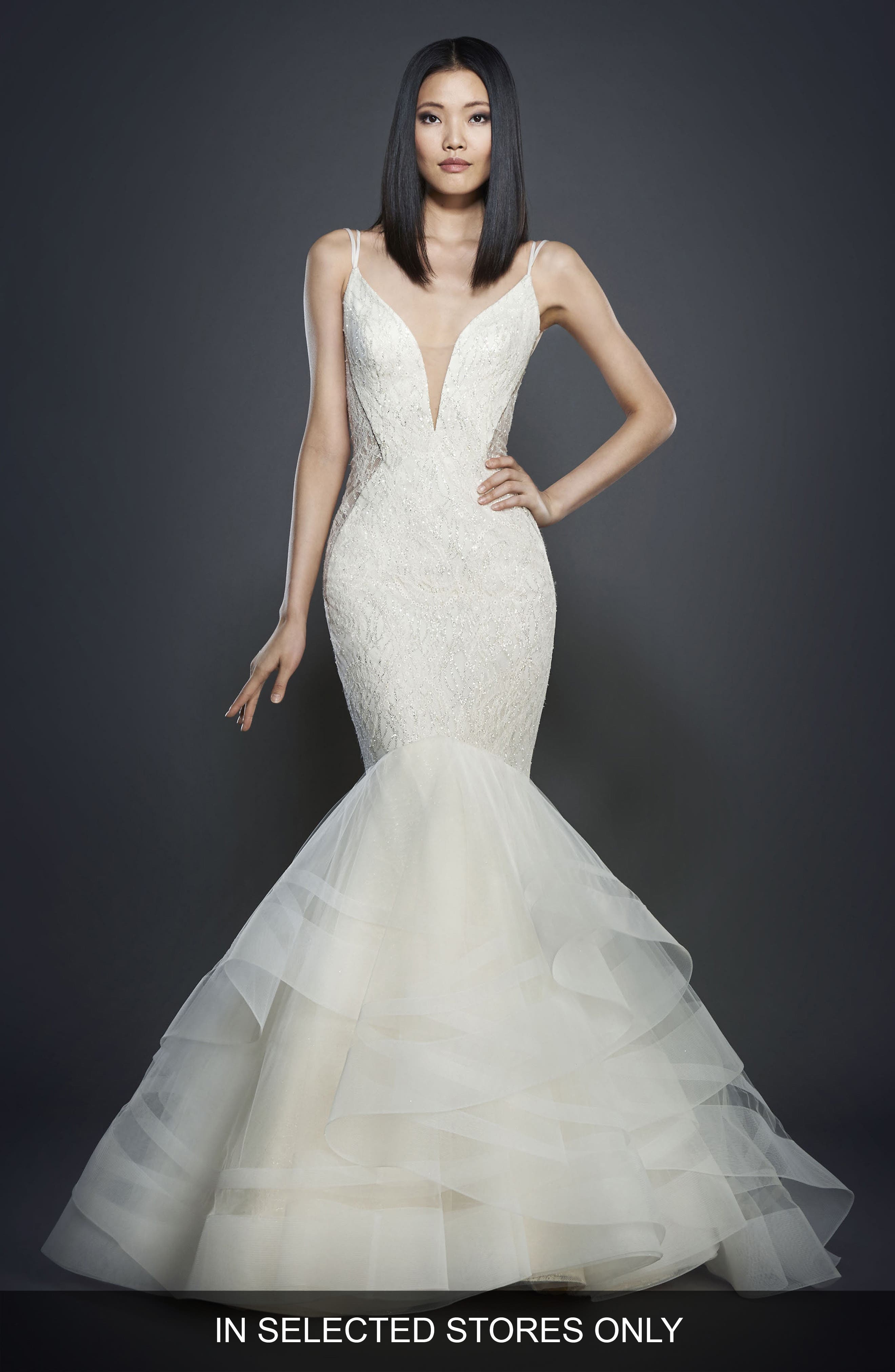 Lazaro Glitter Embellished Lace Mermaid Gown