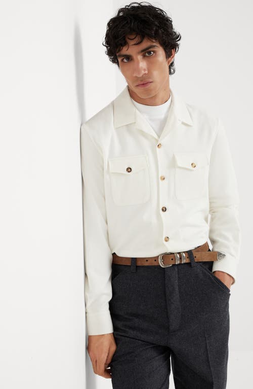 Shop Brunello Cucinelli Wool And Cashmere Flannel Overshirt With Camp Collar And Chest Pockets In Panama