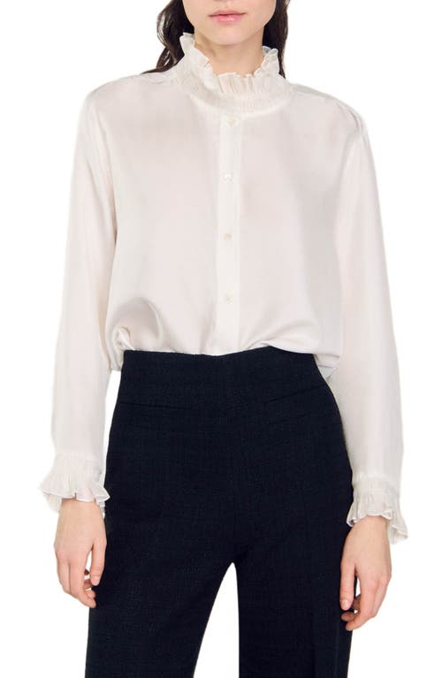 Shop Sandro Silk Shirt With Gathered Collar In Ecru