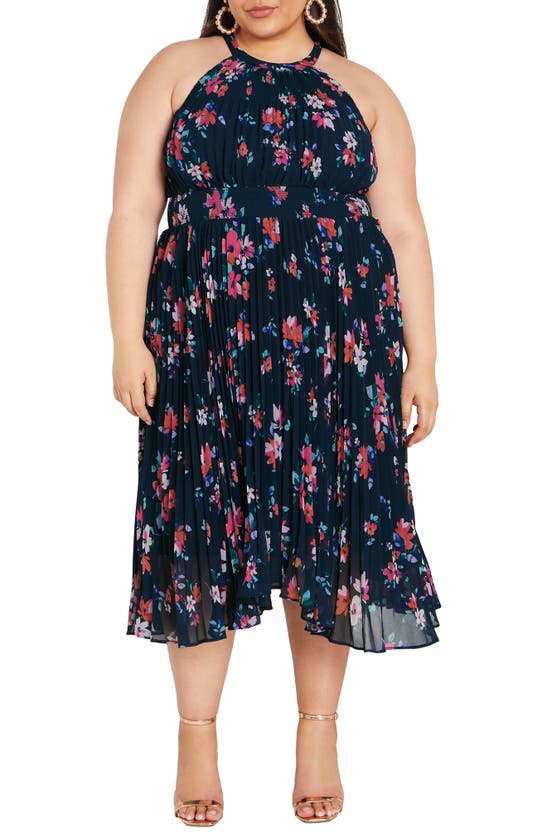 Shop City Chic Floral Pleated Midi Dress In Navy Lotte Bunch