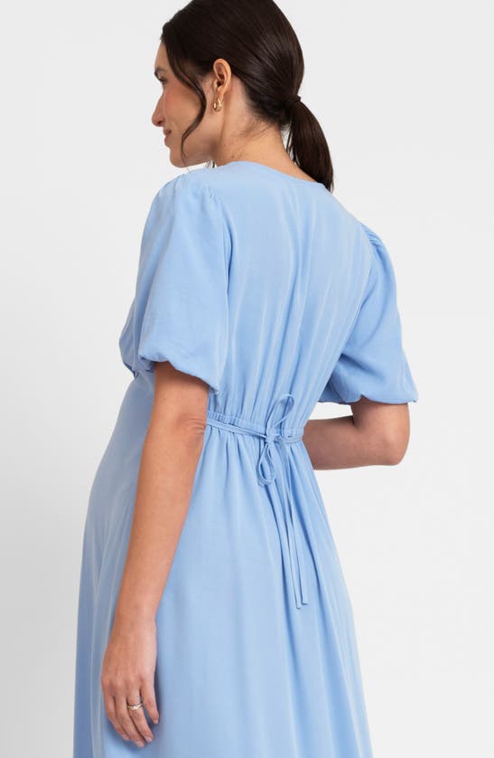 Seraphine Puff Sleeve Button-up Maternity Midi Dress In Blue
