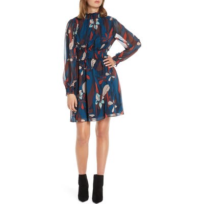 Forest Lily Floral Long Sleeve Chiffon Dress, Blue
