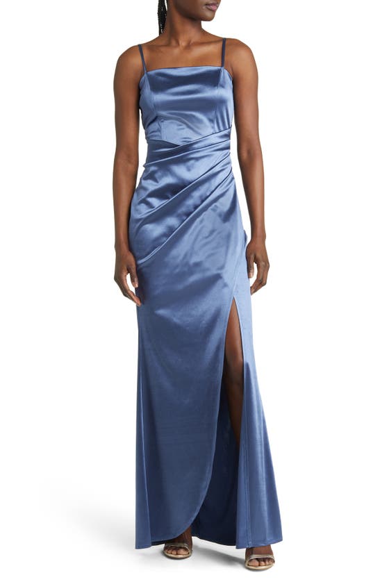 Lnl Ruched Side Slit Satin Gown In Denim
