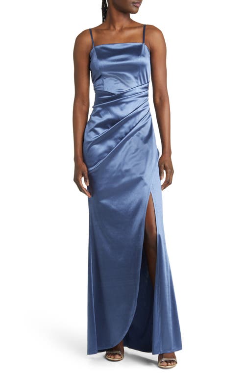 LNL Ruched Side Slit Satin Gown in Denim