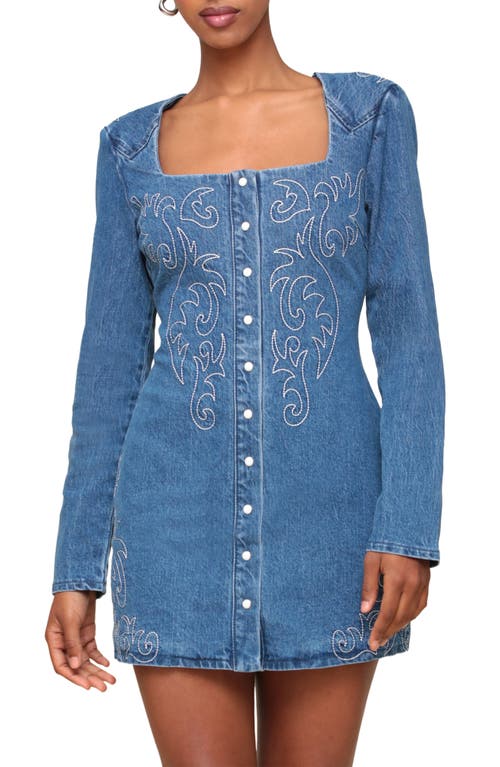 Shop Avec Les Filles Western Embroidered Long Sleeve Denim Minidress In Provence Wash