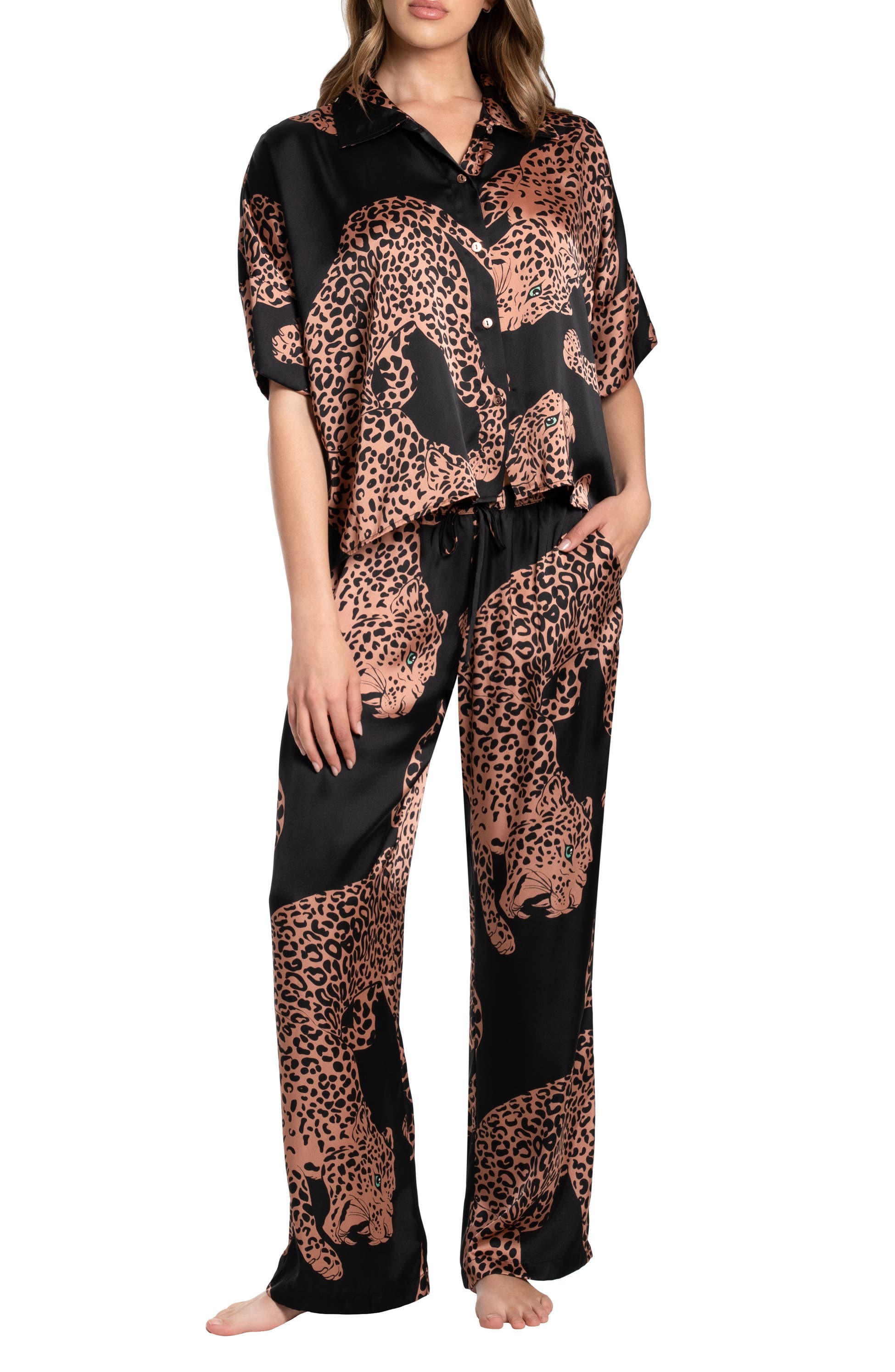 Midnight Bakery Print Satin Pajamas, Main, color, Greeneyedcat/ Black